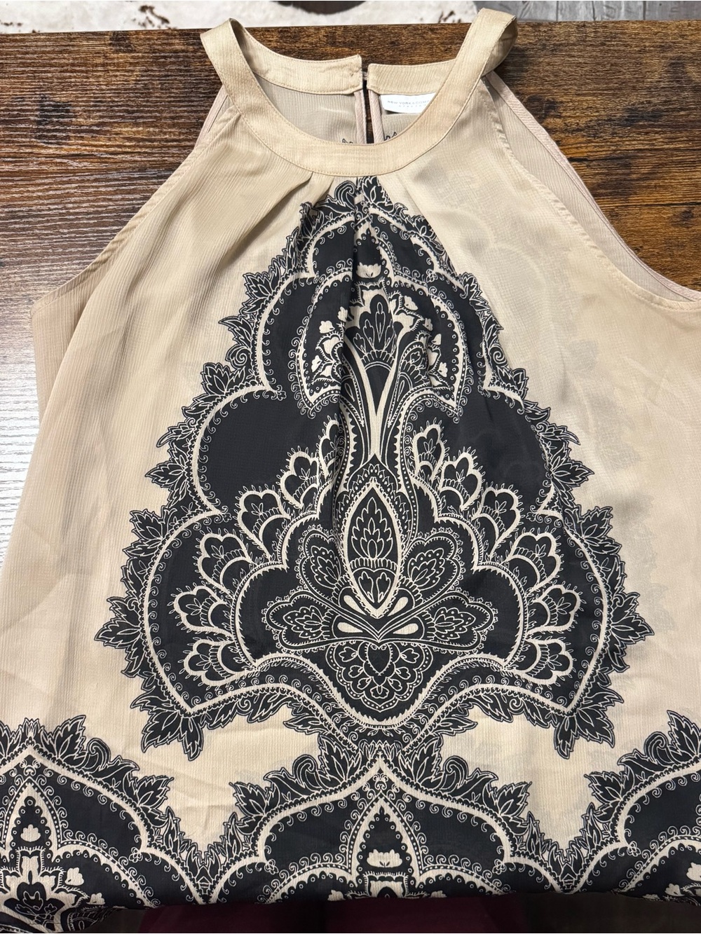 New York & Company Silk Beige and Black Halter Neck Blouse